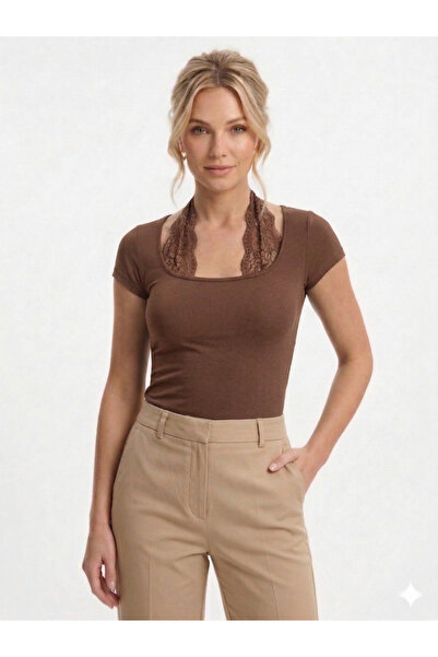 Moda Lounge ΝΕΟ ΠΡΟΪΟΝ Γυναικεία μπλούζα με βαμβακερή υφή, δαντέλα, τετράγωνο...