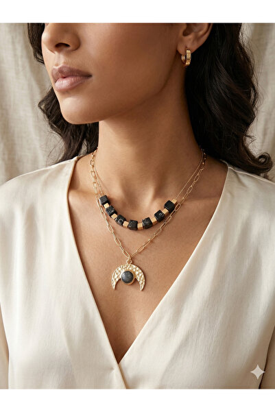 OLEN Double Combination Necklace with Moon Figure and Real Natural Stone - Hi...