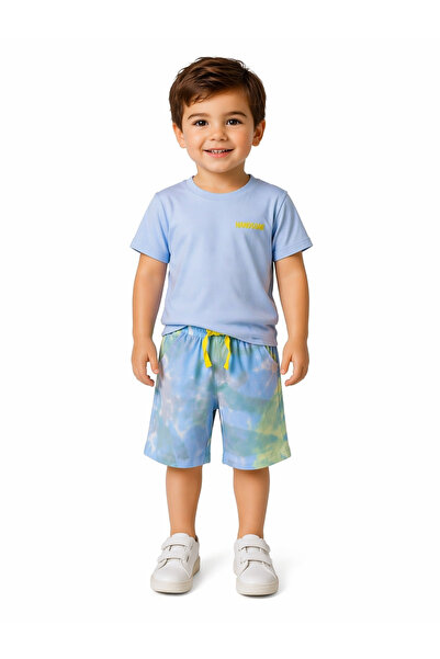 İrem Çocuk Giyim Boy's Handsome Written Batik Patterned Blue Color Shorts Two...