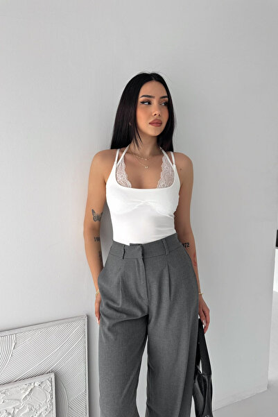 MİROR Women's White Lace Rope Strap Snap Fastener Bodysuit