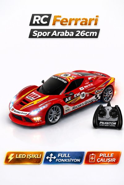 TRENDZONE Uzaktan Kumandalı Pilli LED Işıklı RC Ferrari Spor Araba 26 cm – Fu...