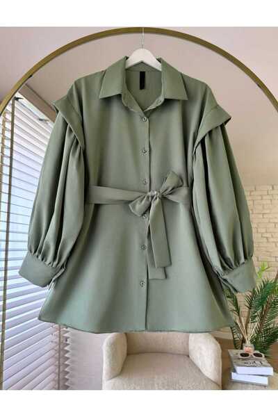 by nursel çiçek Women's Trendy Sleeves Pleated Belted Shirt