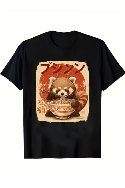 AEMİ Μπλουζάκι Unisex με στάμπα ράμεν και ρακούν, μεγάλου μεγέθους, με λαιμόκ...