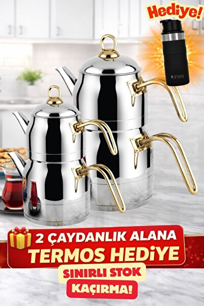 Lines Ayperi Orta + Mega Boy 2’li Çaydanlık Seti Altın Kulp | Termos Hediyeli