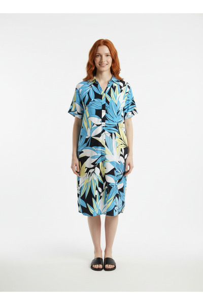 Neden Tekstil Γυναικείο λινό φόρεμα με μπλε σχέδια