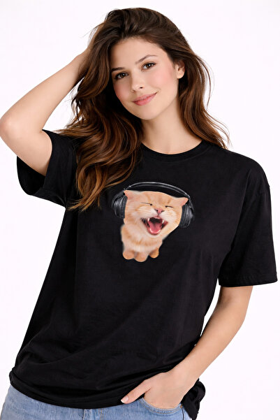 NEVERMIND Women's T-Shirt Printed Cat with Headphones Pattern Basic Comfortab...