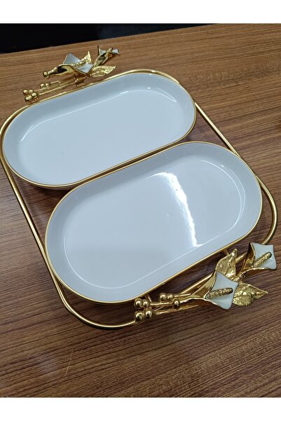 DEKOR ZÜCCACİYE HOME 2-Compartment Porcelain Oval Serving Dish Cookie Holder