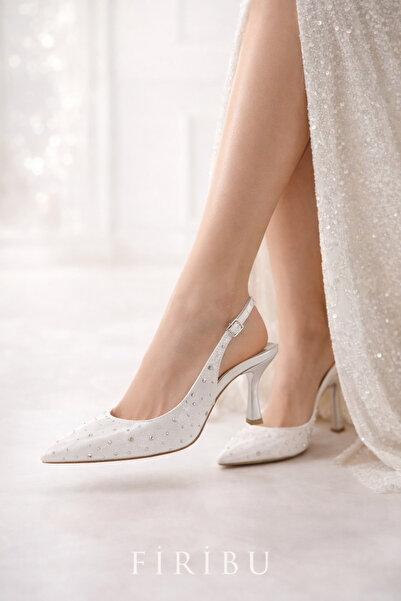 Firibu Krem Taşlı Topuklu Ayakkabı Sivri Burun Zarif Abiye Kadın Stiletto Şık...