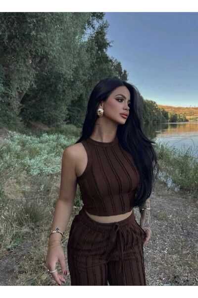 EVOA Γυναικείο Καφέ Σετ Gagari με Κροπ Τοπ με Λαιμόκοψη Halter και Παντελόνι ...