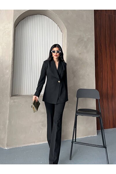 Celiora Kadın Tek Düğmeli Blazer Ceket Pantolon Takım Yüksek Bel İspanyol Paç...