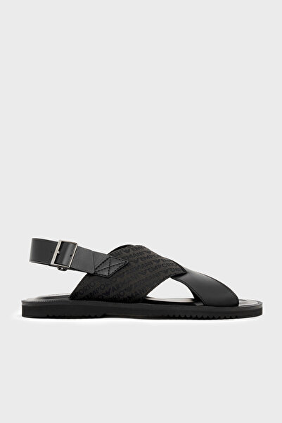 Emporio Armani % 100 Deri Jakarlı Çapraz Bantlı Sandalet Erkek SANDALET EM004...