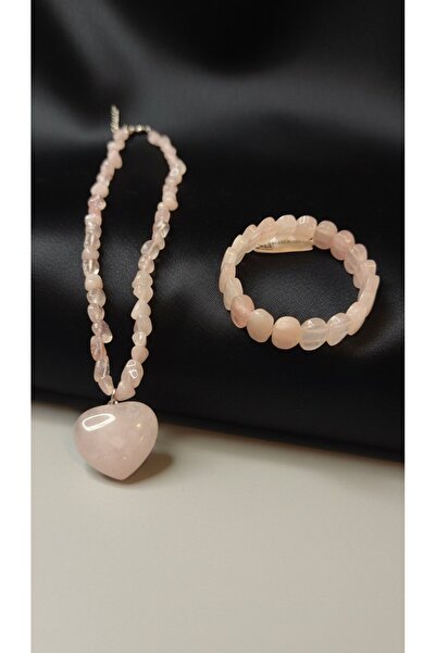 SR Jewelry Box Pembe Kuvars Doğal Taş Kolye & Bileklik Set – Kalp Uçlu Aşk Taşı