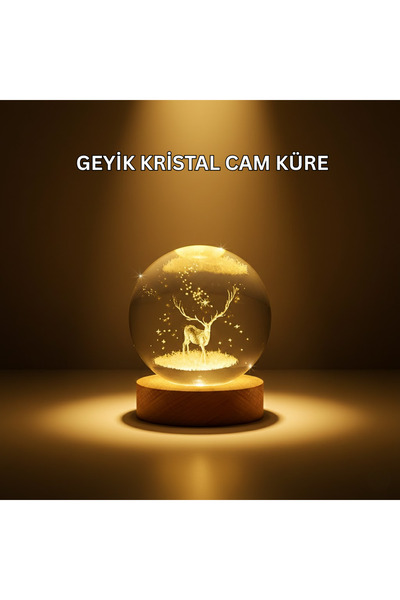 NY JOY USB Bağlantılı Geyik Temalı Kristal Küre Premium Masa Gece Lambası