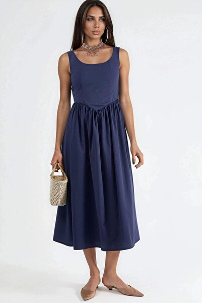 Hiccup BUSEM Square Collar Midi Dress with Bow Detail