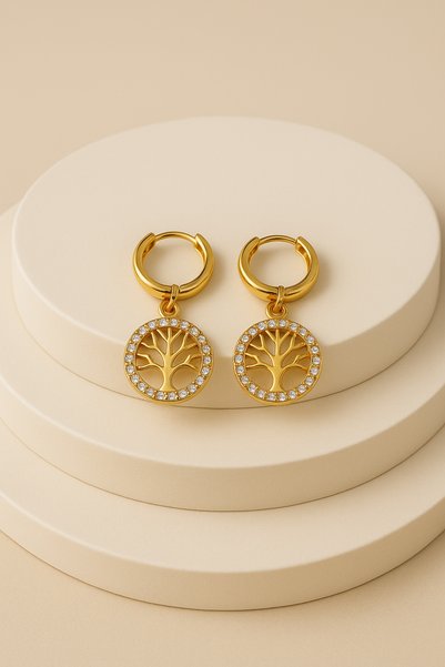 THE Steel Stylishly Designed Gold Steel Tree of Life Dangle Hoop Earrings