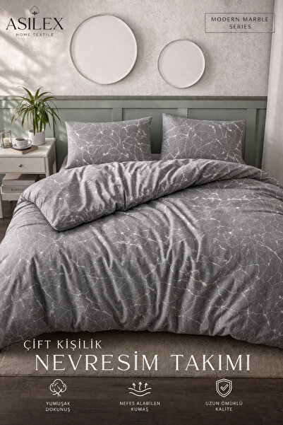 Asilex Home Collection Σετ Παπλωματοθήκη Διπλό Σετ Κρεβατιού με Γκρι Μαρμάριν...
