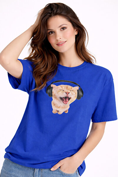 NEVERMIND Γυναικείο μπλουζάκι με στάμπα γάτας με ακουστικά, βασικό, άνετο, κα...