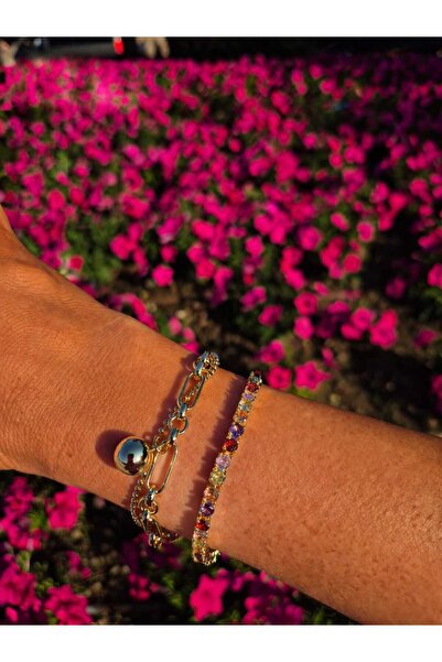 Mope Accessories Gold Color Zircon Stone Colorful Tennis Bracelet and Chain D...