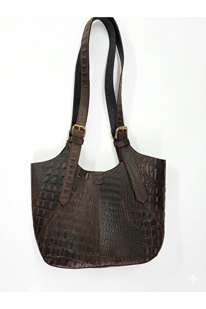 aysefe Brown Color Crocodile Patterned Genuine Leather Handmade Women's Shoul...