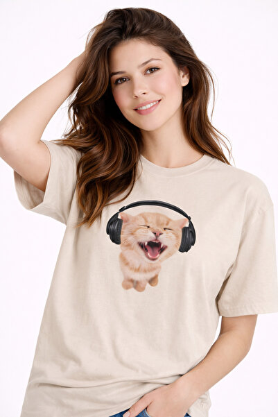 NEVERMIND Γυναικείο μπλουζάκι με στάμπα γάτας με ακουστικά, βασικό, άνετο, κα...