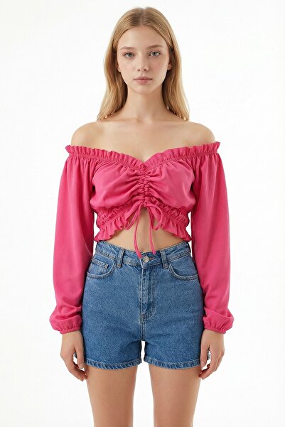 bacc Ροζ μπλούζα με γιακά Μαντόνα, με ανοιχτούς ώμους και μπροστινό κορδόνι, ...
