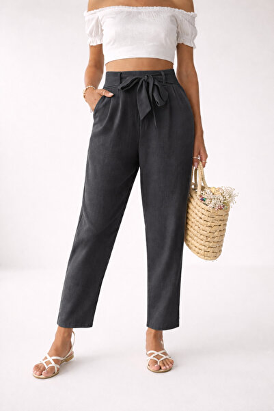 Hazel Γυναικείο λινό παντελόνι ανθρακί με ζώνη και σχέδιο καρότο