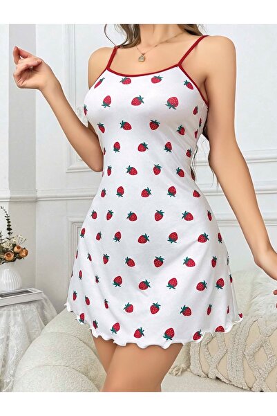 Viselya Κοντό νυχτικό με λεπτές τιράντες και σχέδιο φράουλας