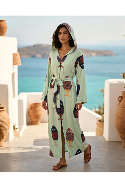 Taşhan Çarşı Bambu Kumaş Kapüşonlu Bornoz & Kimono Yumuşak Dokulu Etnik Desen...