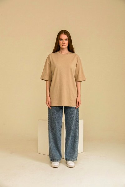 GUARAZ Women's Oversize Beige Crew Neck Thick Textured Summer 100% Cotton Basic T-Shirt
