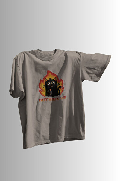 Ninkasiwear تي شيرت "Everything Is Fine" مطبوع عليه قطة مزحة، مقاس كبير للجنس...