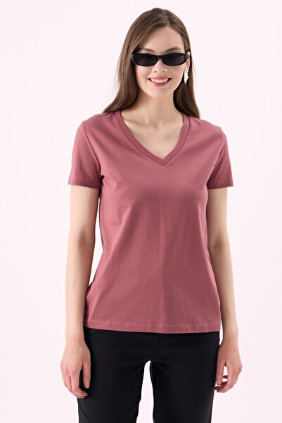CrepTekstil Crep Kadın Basic V Yaka Kısa Kollu T-Shirt Gül Kurusu – Regular F...