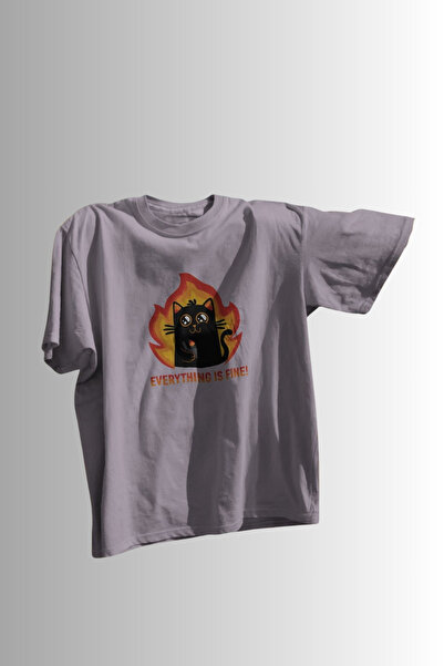 Ninkasiwear "Everything Is Fine" Ironical Cat Printed Unisex Oversize 24/1 10...