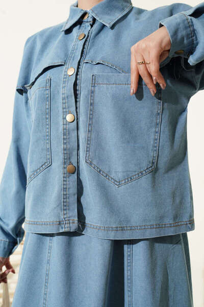 Lavanta Tekstil Double Pocket Denim Jacket and Skirt Two-Piece Set