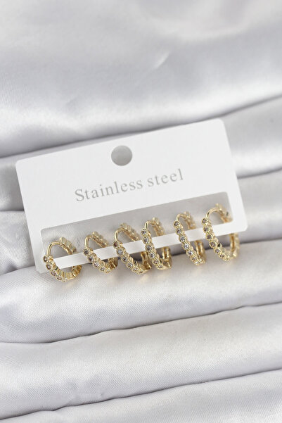 Butik 316L Çelik Gold Renk Zirkon Taşlı Halka Model Kadın Küpe Seti