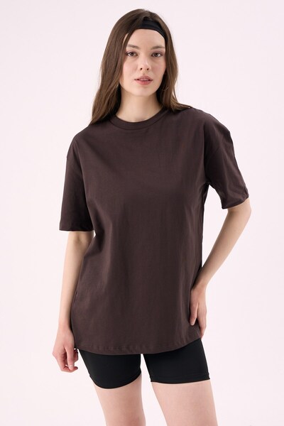 Crep Kadın Basic Bisiklet Yaka Oversize T-Shirt Kahverengi – %100 Organik Pamuk