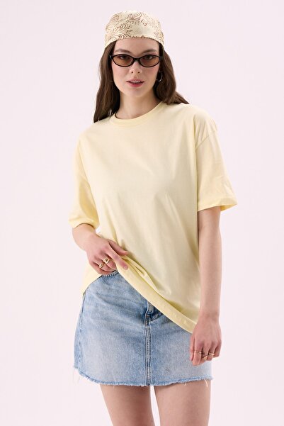 CrepTekstil Crep Kadın Basic Bisiklet Yaka Oversize T-Shirt Sarı – %100 Organ...