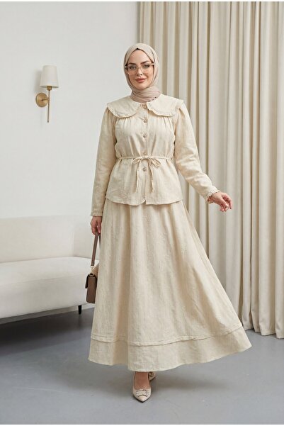 Modamorfo Βρεφικό σετ με γιακά, κορδόνια, κουμπιά, φούστα και φόδρα από λινό ...