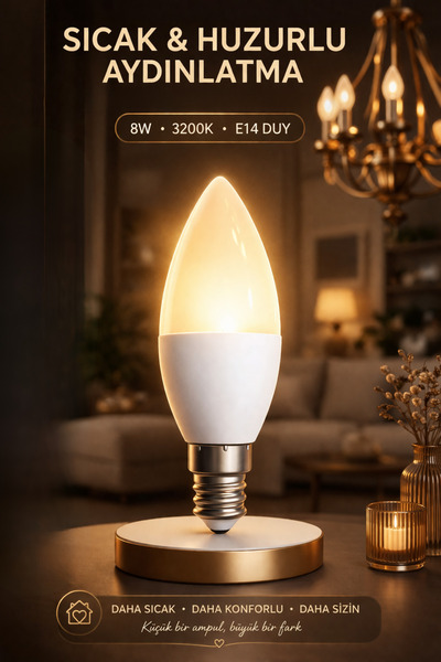 Edison 8W LED Ampul E14 Duy 3200K Gün Işığı Buji Mum Tipi Tasarruflu İnce Duy...