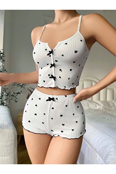 Viselya Strappy Patterned Nightgown and Pajama Shorts Set