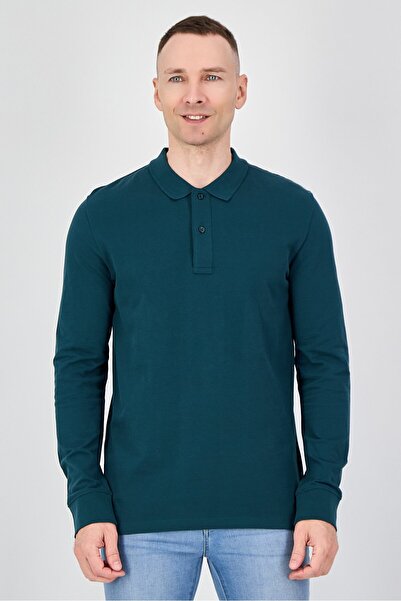 CELIO قميص بولو رجالي بأكمام طويلة وقصة عادية، لون أخضر زيتوني