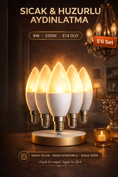 Edison 5 Adet 8W LED Ampul E14 Duy 3200K Gün Işığı Buji Mum Tipi Tasarruflu İ...