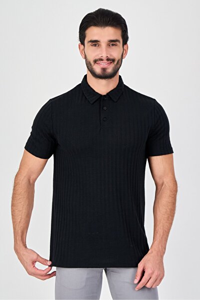Brave Soul Men Regular Fit Textured Short Sleeve Polo Shirt, Black