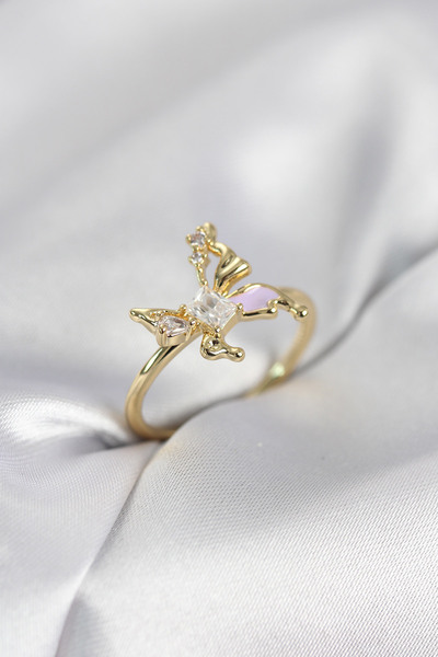 Nehir Stylish Gold Color Butterfly Model Zircon Stone Women's Ring Teachers M...