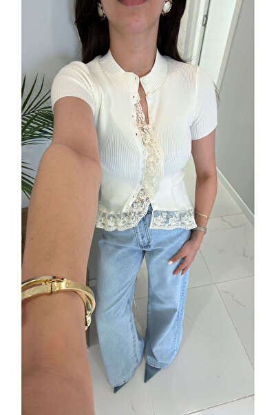 BİRCANÇİL Josle Ecru Short Sleeve Lace Cardigan