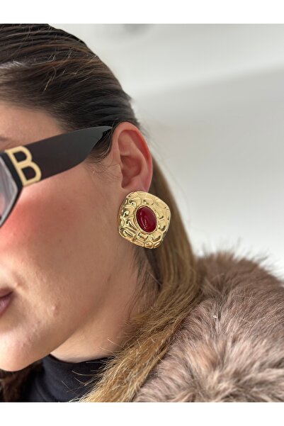 Gold Bordo Taş Desenli Küpe
