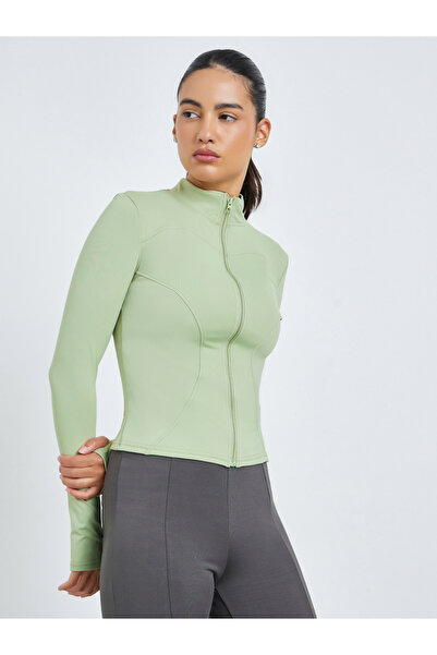 Styli Green Curved Seam Detail Zip Up Jacket