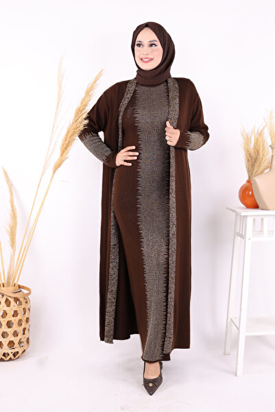 Bym Fashion Belli Kısımları Simli Tam Boy Elbise Hırka 2li Triko Takım 22223 ...
