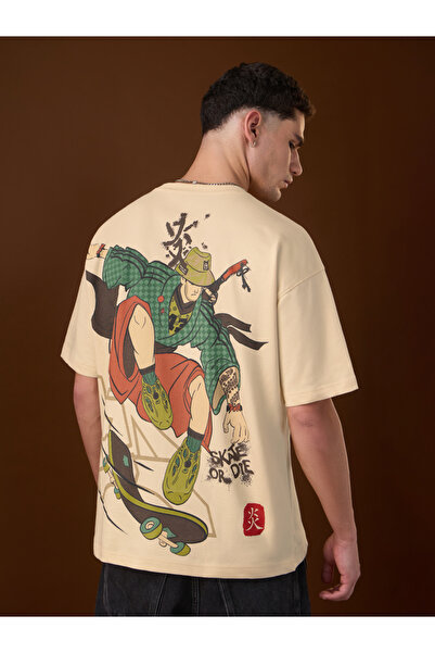The Souled Store By Styli Men Beige Ukiyo Skater Oversized T-Shirt