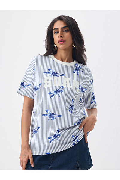The Souled Store By Styli تي شيرت قطني مخطط أزرق بمقاس كبير