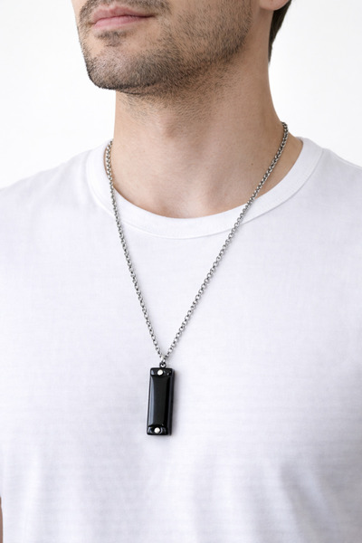 HER ŞEY NOTA www.herseynota.com Black Harmonica Necklace Silver Chain 60 cm U...